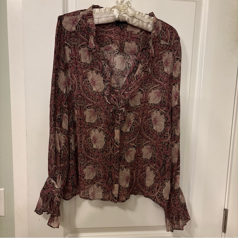 Morris & Co X Paige-Arianne-100% Silk-Floral Print Long Sleeves Blouse-Large